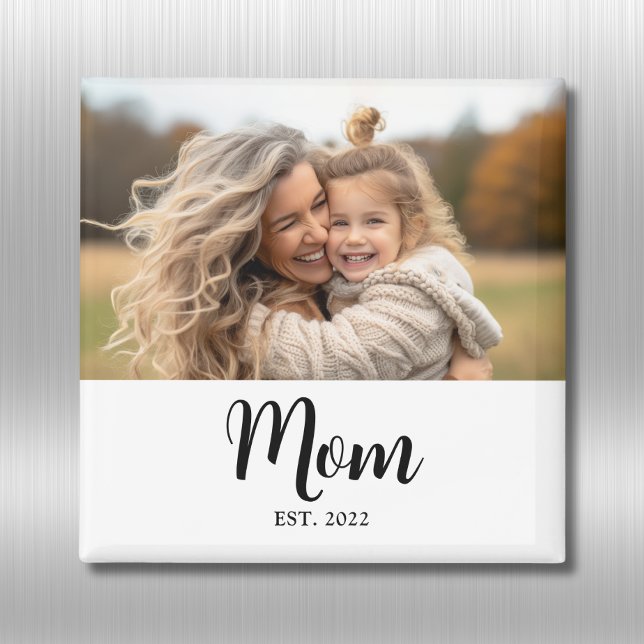 Aimant Maman Texte de script photo établi Cadeau (Mom established fridge magnet with elegant personalizable black script and customizable photo)