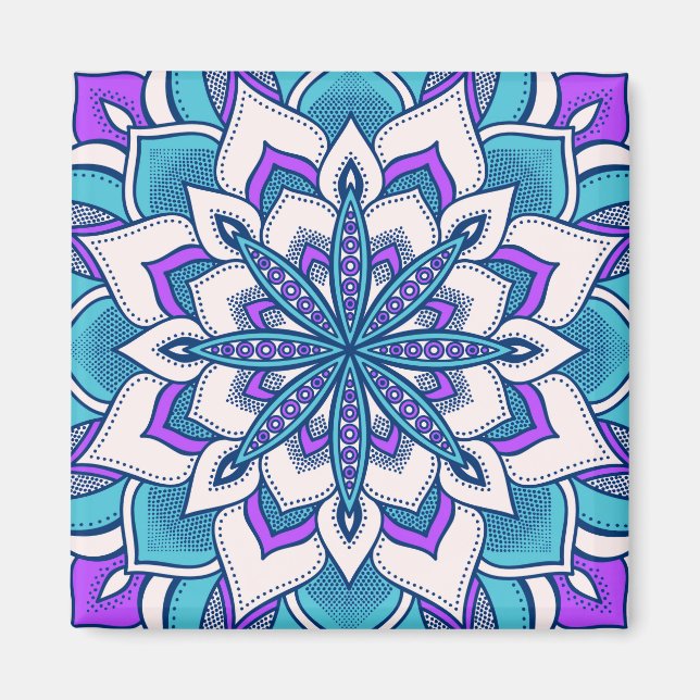 Aimant Mandala aux fleurs violettes turquoise (Devant)
