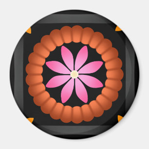 Aimant Mandala de fleurs festives orange noir rose