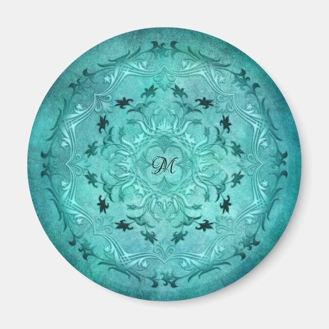 Aimant Mandala de grunge à fleurs ethniques turquoise (Devant)
