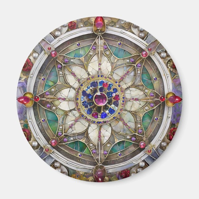 Aimant Mandala de rubis, d'améthyste, de saphir et de per (Devant)