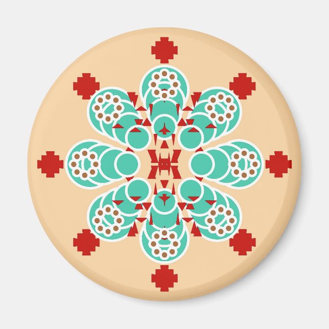 Aimant Mandala en huit points - turquoise et pêche (Devant)