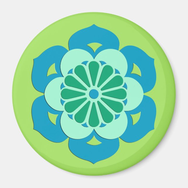 Aimant Mandala Fleur de Lotus, Vert Citron et Bleu Clair (Devant)