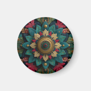 Aimant Mandala floral texturé complexe en sarcelle et or