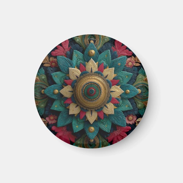 Aimant Mandala floral texturé complexe en sarcelle et or (Devant)