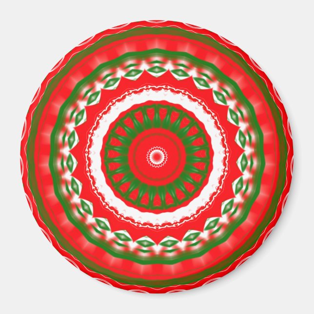Aimant Mandala rouge, blanc et vert (Devant)