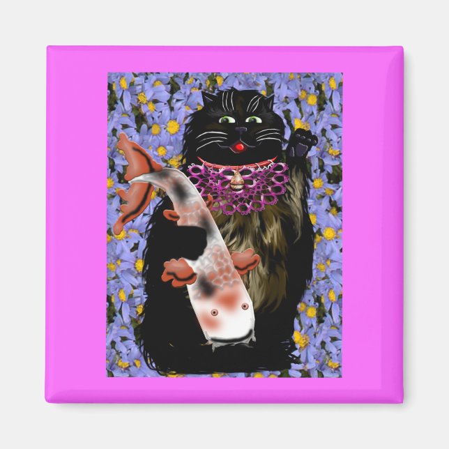 Aimant maneki neko noir avec koi (Devant)