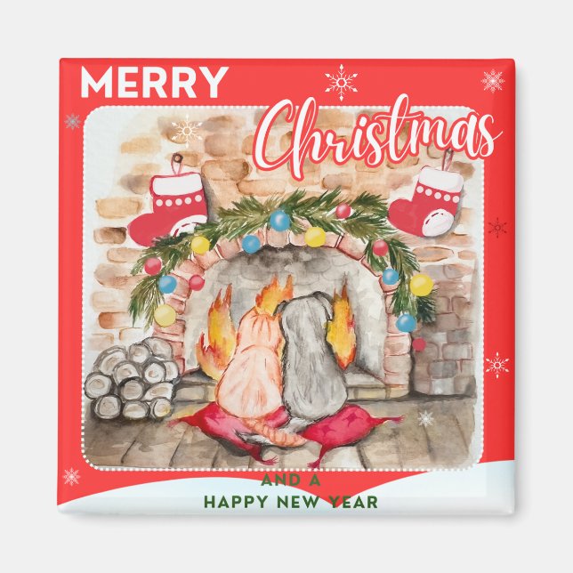 Aimant Manoir de Noël confortable avec chien et chat (Devant)