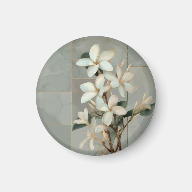 Aimant Marbre à ligne dorée et fleur de magnolia blanc (Devant)