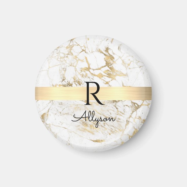 Aimant Marbre Blanc & Or Barre Dorée, Monogramme Nom Noir (Devant)