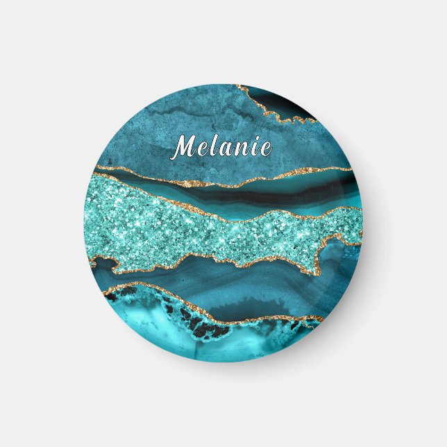 Aimant Marbre turquoise Blue Gold Parties scintillant Nom (Devant)