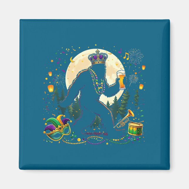 Aimant Mardi Gras mignon Bigfoot Sasquatch buvant (Devant)