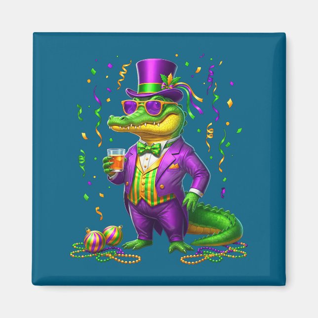 Aimant Mardigator drôle Mardi Gras Alligator Illustration (Devant)