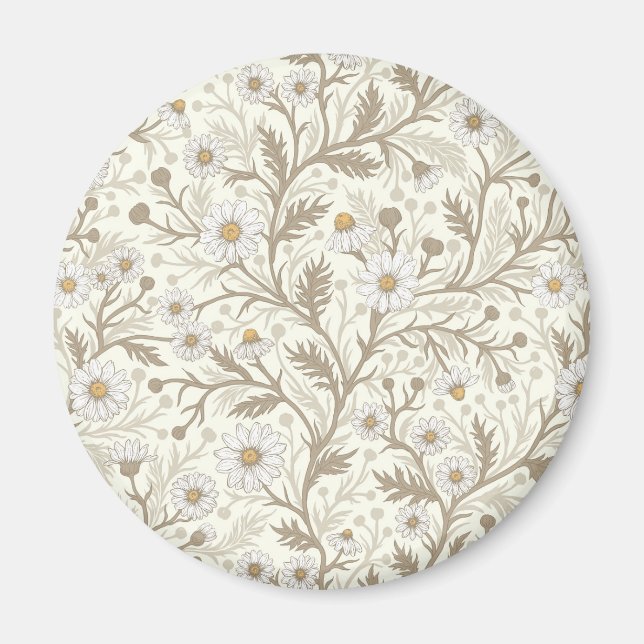 Aimant Marguerites en blanc et marron sur fond blanc cass (Devant)