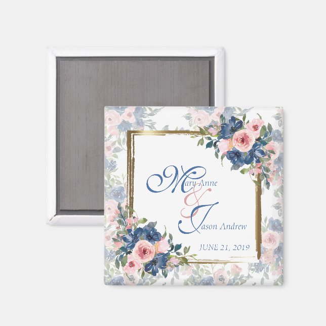 Aimant Mariage aquarelle marine et rose (Recto/Verso)