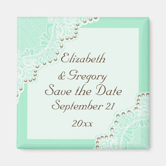 Aimant Mariage blanc dentelle avec perles mints Save the  (Devant)