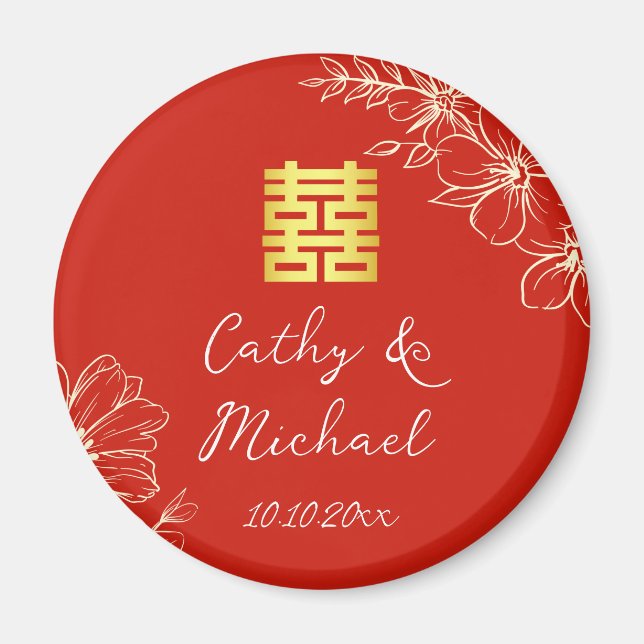 Aimant Mariage chinois élégant moderne floral script roug (Devant)