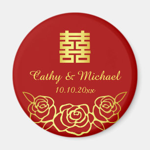 Aimant Mariage chinois floral rose papier découpé rouge e