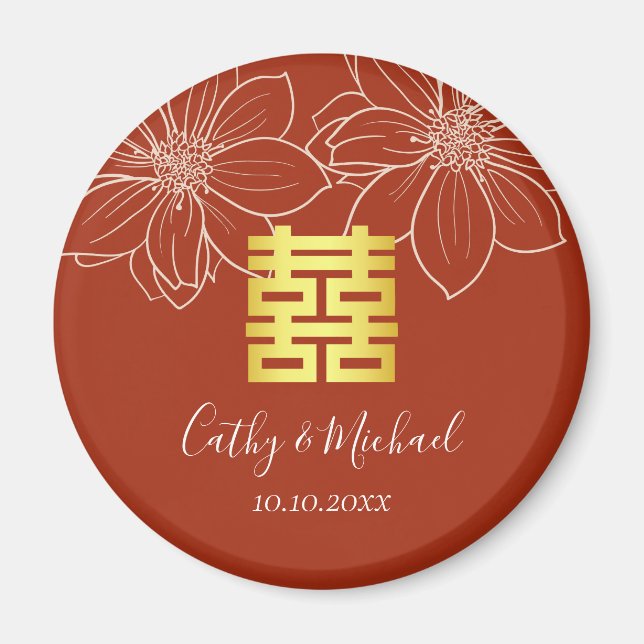 Aimant Mariage chinois floral rouge moderne boho (Devant)