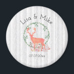 Aimant Mariage d'aquarelle Russe Reindeer Boho<br><div class="desc">Un aimant mariage commémoratif avec une aquarelle numérique. Une silhouette de renne orange pastel à l'intérieur d'une couronne de feuilles d'herbes. Champignons et fougères forestières à ses pieds. Un motif de bouleau gris et blanc dans l'arrière - plan.</div>