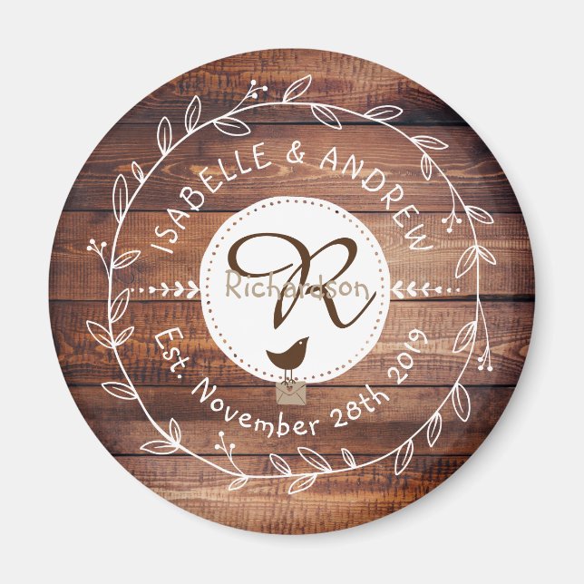 Aimant Mariage de bois Monogramme Feuille de bois Oiseau  (Devant)