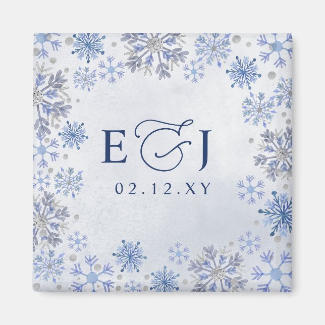 Aimant Mariage d'hiver flocons de neige bleu argent Monog (Devant)
