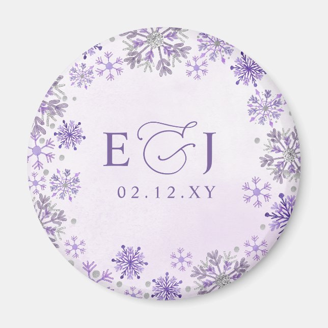 Aimant Mariage d'hiver flocons de neige violet argent Mon (Devant)