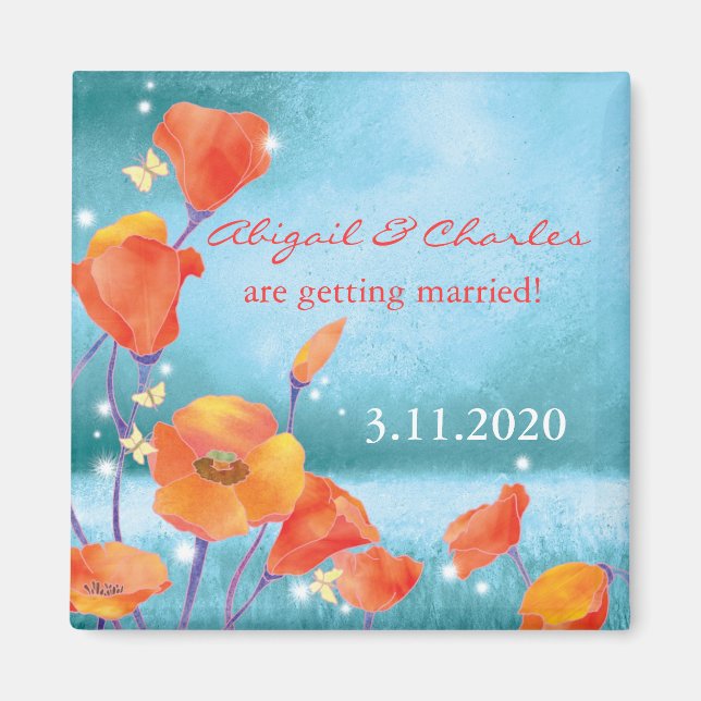 Aimant Mariage du coquelicot rouge Turquoise Enregistrer  (Devant)