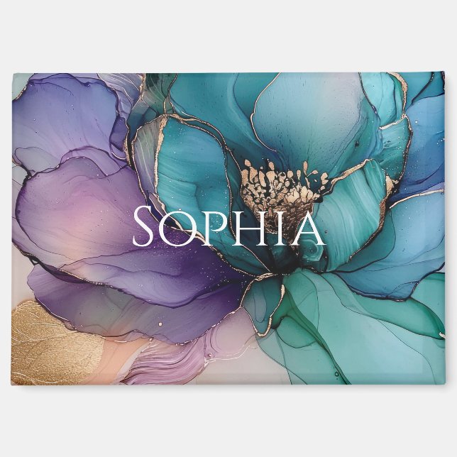 Aimant Mariage Fleur Bleu Aqua Violet Doré Bain Nuptial (Recto)
