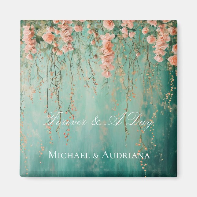 Aimant Mariage Fleurs de Pêche Teinte de Bleu Cyan Romant (Devant)