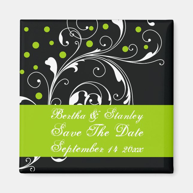 Aimant Mariage floral noir vert Enregistrer la date (Devant)