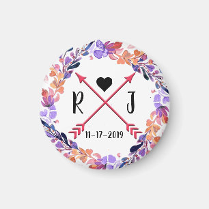 Aimant Mariage floral violet Monogramme Conception de la