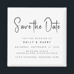 Aimant Mariage minimaliste moderne Enregistrer la date<br><div class="desc">Un simple moderne enregistrer l'aimant de date. Personnalisez ce design minimaliste noir et blanc pour avoir vos détails personnels et votre message. Caractéristiques de script calligraphie typographie et faux arrière - plan d'image parties scintillant.</div>
