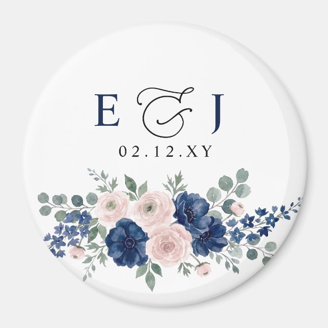 Aimant Mariage Moderne Floral Bleu Marine et Rose (Devant)