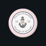 Aimant Mariage nautique Floral Ancre Marine bleu et rose<br><div class="desc">Arrière - plan bleu marine et rose marine Ancre florale avec corde thème Mariage magnétique / mariage faveurs</div>