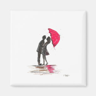 Aimant Mariage rustique couple à l'ombrelle rouge chic en