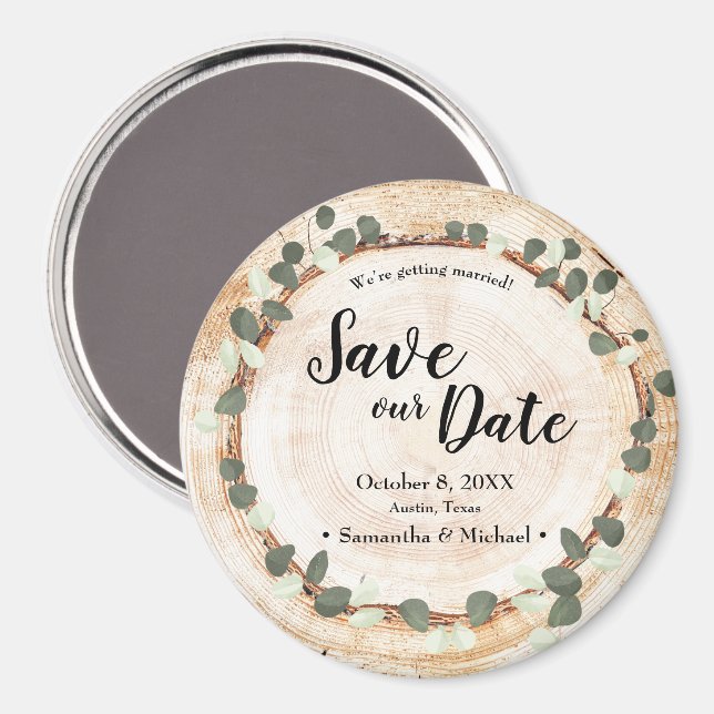 Aimant Mariage Rustique Tranche de Bois de Eucalyptus Per (Recto/Verso)