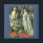 Aimant Mariage Vintage, Mariée et Marié avec Ménorah<br><div class="desc">Illustration vintage d'amour et de romance de cérémonie de mariage représentant un couple se mariant dans une belle synagogue avec des vitraux,  des fleurs et une ménorah à sept branches. La mariée porte une longue robe de mariée blanche et le marié est élégant dans son smoking.</div>