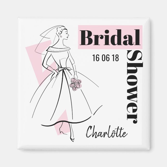 Aimant Mariée de mode Robe de mariée rose Date Nom carré (Devant)