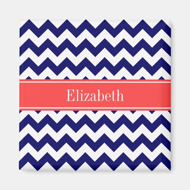 Aimant Marine Bleu Blanc Chevron Corail Nom rouge Monogra (Devant)