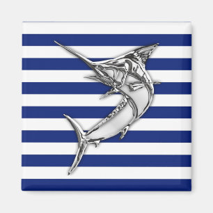 Aimant Marlin Swordfish Chrome Style on Nautical Stripes