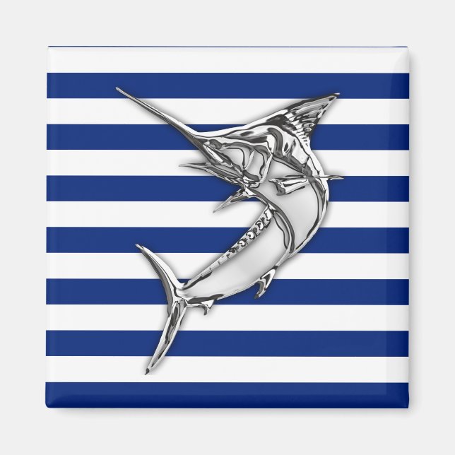 Aimant Marlin Swordfish Chrome Style on Nautical Stripes (Devant)
