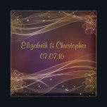 Aimant Maroon Design avec Mariage Wispy Gold Accents<br><div class="desc">Un joli arrière - plan de couleur marron avec une bordure avide de lignes courbes et de fleurs délicates entouré d'étoiles scintillantes. Un design joli et élégant. Customisez avec le nom de la mariée et des mariés et la date du mariage.</div>
