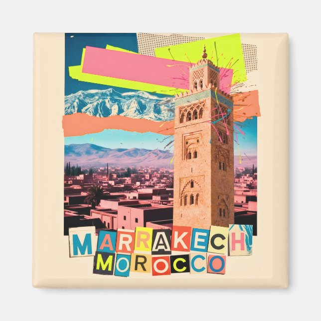 Aimant Marrakech Maroc Voyage Koutoubia Skyline Vintage (Devant)