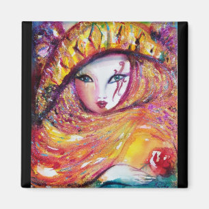 AIMANT MASQUE DE CARNAVAL EN JAUNE D'OR AVEC LE ROSE