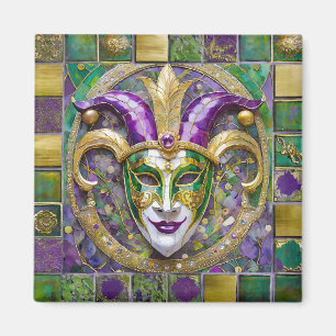 Aimant Masque de Jester Mardi Gras Violet Vert Or