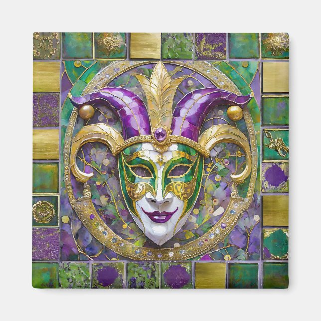 Aimant Masque de Jester Mardi Gras Violet Vert Or (Devant)