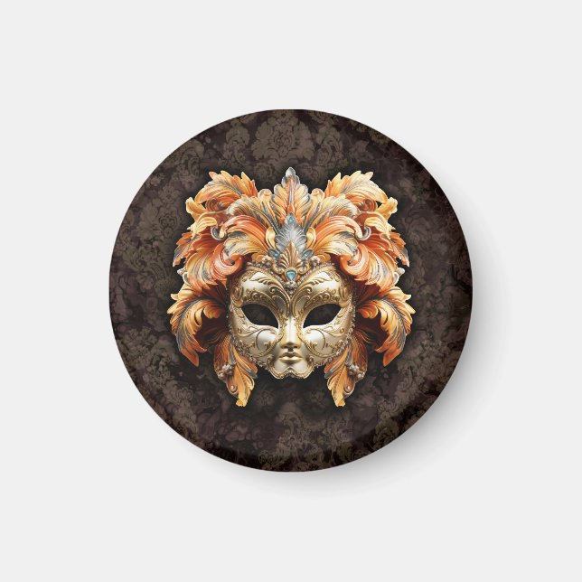 Aimant Masque Lion Doré avec plumes orange  (Devant)