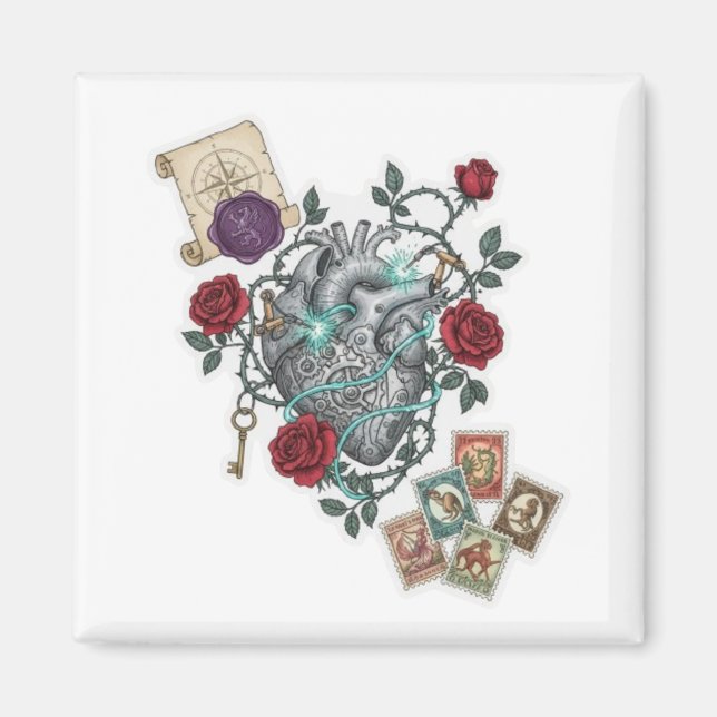Aimant Mechanical Heart with Roses – Vintage Surreal Art (Devant)
