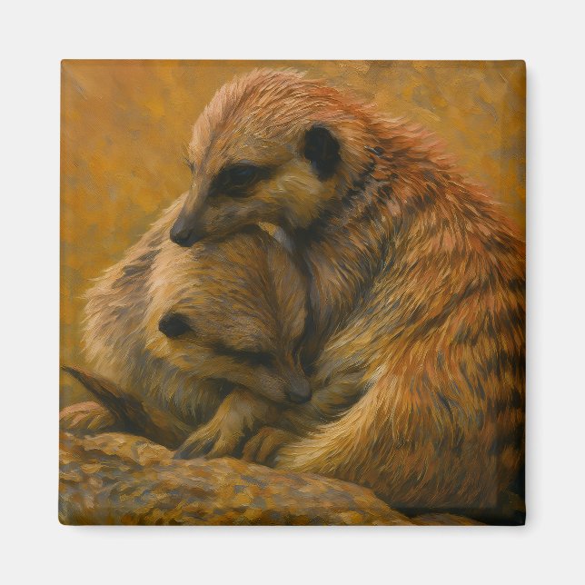 Aimant Meerkat Cuddle - Peinture faunique tonique Terre (Devant)